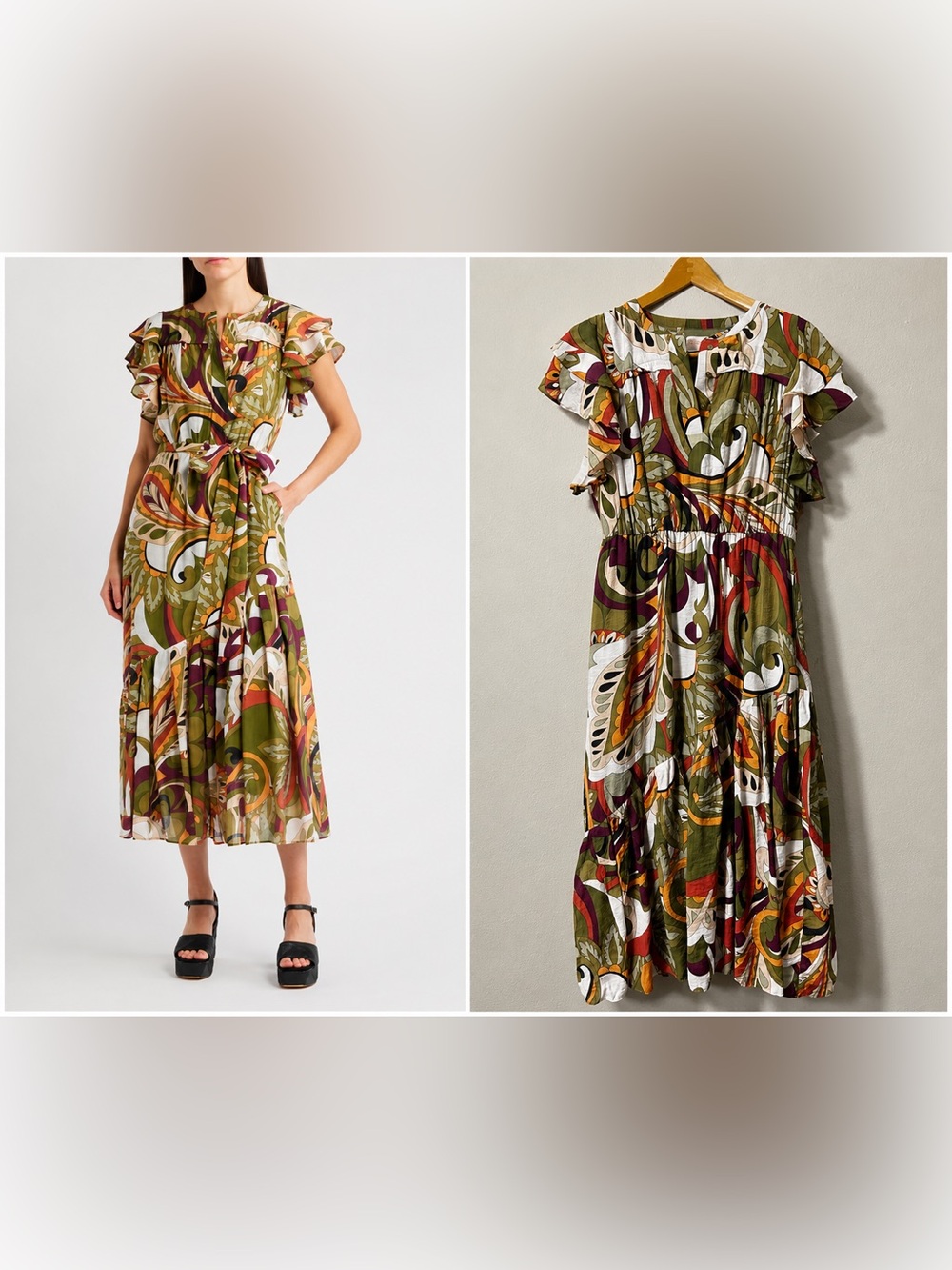 CIEBON Nythia Printed Flutter Midi Dress Green Multi Modest Romantic  Large